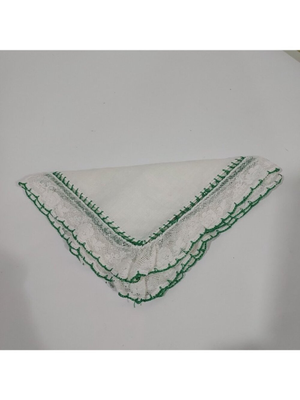 Handerchief Antique 13x13 Handmade French Lace 1920 Wedding Green Embroridred - Picture 7 of 8